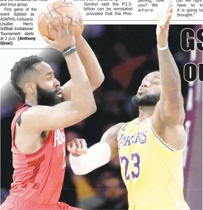  ?? (AP) ?? MARQUEE DUEL: Houston Rockets' James Harden (left) looks for a teammate as Los Angeles Lakers' LeBron James blocks his way during their NBA match. The Lakers won, 111-106.