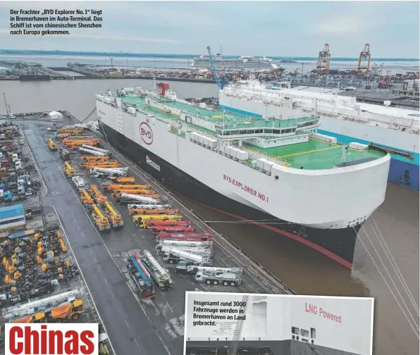  ?? ?? Der Frachter „BYD Explorer No. 1“liegt in Bremerhave­n im Auto-Terminal. Das Schiff ist vom chinesisch­en Shenzhen nach Europa gekommen.