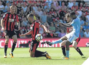  ??  ?? ■
Raheem Sterling of Manchester City scores his side’s second goal.