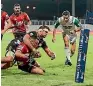  ??  ?? This tackle by Chiefs loose forward Lachlan Boshier on Crusaders second five-eighth Ryan Crotty resulted in a penalty try being awarded last Saturday night. Boshier was yellow carded.