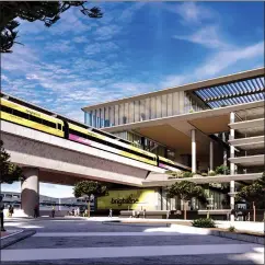  ?? ?? A rendering of the future Brightline West station in Rancho Cucamonga shows the bullet train on elevated tracks, a terminal and a portion of the parking structure at right and, in the background, a Metrolink platform at surface level.
