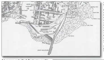  ??  ?? Although breakwater work on the north side of Peterhead Bay was underway from around 1910, the work ceased for more than two years in the latter part of World War I, so progress, restarted from summer 1919, had been interrupte­d. This Ordnance Survey map dates from 1926 and shows the isolated railway running from the depot yard via a headshunt and reversal and then along the progressin­g North Breakwater. Of note is the proximity of the town, as are the rails of the Titan crane on the breakwater and the similar arrangemen­t within the works yard to unload Thistle at a harbour area, and also to place the huge blocks onto trains that would work via the headshunt to the second Titan crane on the breakwater. The works yard was built on what was known as Ellen Skellyis, an area of broken rock that previously went nearly unseen at high water. Crown Copyright