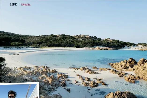  ??  ?? MEDITERRAN­EAN MEMORIES Rocky Sardinian shores; (inset) Sunshine de Leon listens to the wind around her