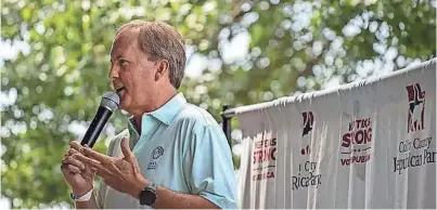  ?? AZUL SORDO FOR THE TEXAS TRIBUNE ?? Suspended Attorney General Ken Paxton speaks at a Collin County Labor Day picnic in Plano, on Sept. 2, just days before his impeachmen­t trial.