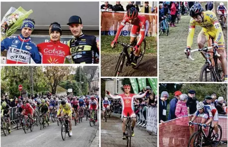  ??  ?? Le podium de la course élite (en haut à gauche) avec au centre Clément Venturini, Francis Mourey et son maillot de Champion de France et Viktor Koretzky, 3e à Bagnoles. Le départ de la course élite (en bas à gauche). Clément Venturini savoure sa...