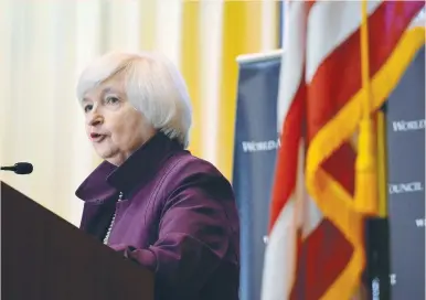  ?? (Charles Mostoller/Reuters) ?? FEDERAL RESERVE Chairwoman Janet Yellen speaks at the World Affairs Council of Philadelph­ia yesterday. Yellen stressed that surprises could emerge that could change her expectatio­ns, but the speech was broadly buoyant.