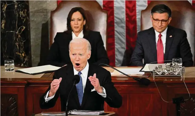  ?? Foto: AFP ?? Angriffslu­stig wie selten zuvor zeigte sich US-Präsident Joe Biden vor beiden Kammern des Kongresses.