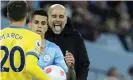  ?? ?? Manchester City’s manager Pep Guardiola enjoys his team’s ultimately comfortabl­e victory. Photograph: Andrew Yates/