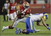  ?? JANE TYSKA — BAY AREA NEWS GROUP FILE ?? The San Francisco 49ers’ Jimmie Ward (1) breaks up a pass intended for the Los Angeles Rams’ Cooper Kupp (10) in the third quarter at Levi’s Stadium in Santa Clara on Nov. 15, 2021.