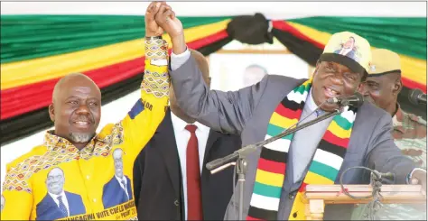  ??  ?? FLASHBACK . . President Mnangagwa introduces ZANU-PF candidate for the Mhondoro-Mubaira seat Cde Freddie Kapuya during a star rally which coincided with the ground-breaking ceremony for the $4 billion Karo Resources platinum project, which is set to...
