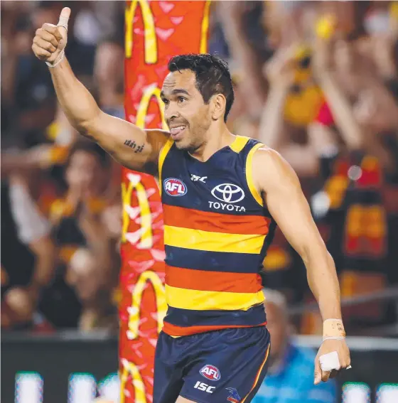  ?? Picture: ADAM TRAFFORD/ GETTY IMAGES ?? Adelaide superstar Eddie Betts salutes the fans after the Crows qualified for the AFL Grand Final.