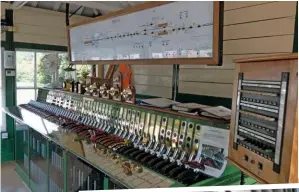  ??  ?? The expertly recreated Westinghou­se ‘L’ frame with miniature levers inside Kingscote signal box.