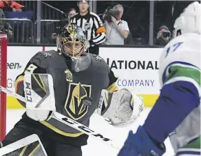  ?? ETHAN MILLER/GETTY IMAGES ?? The play of goaltender Marc-Andre Fleury is a big reason the first-year Vegas Golden Knights are so successful.