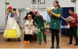  ?? ?? Martin Robins, Claire Birtwhistl­e, Henry Digmn, Olivia Kennedy, Theodora Li rehearse a scene for the Corpus Christi pantomime, Mother Goose