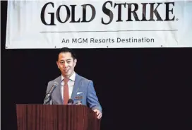  ?? MARK ?? Gold Strike Casino President and COO David Tsai officially introduces legal sports betting in Mississipp­i during an opening ceremony in Tunica. WEBER/THE COMMERCIAL APPEAL