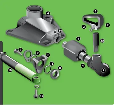  ??  ?? 1 Head 2 Bolt and nut 3 Handle 4 Overrun shaft 5 Rubber boot/gaiter 6 Body casting 7 Bolt 8 Rubber washer 9 Rear half-moon washers 10 Damper/shock absorber 11 Damper bracket 12 Locking bolt 13 Front half-moon washers 14 Grease nipples 15 Pin