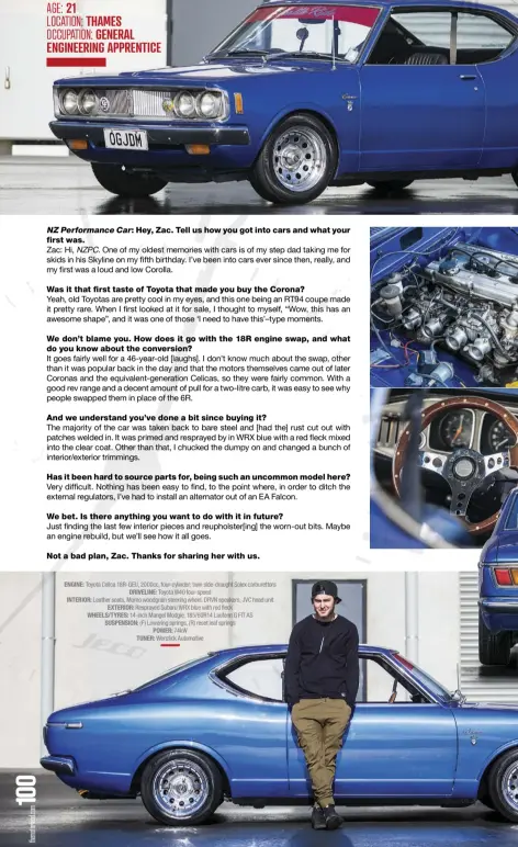  ??  ?? ENGINE: Toyota Celica 18R-GEU, 2000cc, four-cylinder; twin side-draught Solex carburetto­rs DRIVELINE: Toyota W40 four-speed INTERIOR: Leather seats, Momo woodgrain steering wheel, DRVN speakers, JVC head unit EXTERIOR: Resprayed Subaru WRX blue with red fleck WHEELS/TYRES: 14-inch Mangel Modgie, 185/60R14 Laufenn G FIT AS SUSPENSION: (F) Lowering springs, (R) reset leaf springs POWER: 74kW TUNER: Wenzlick Automotive