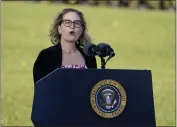  ?? EVAN VUCCI — THE ASSOCIATED PRESS FILE ?? Sen. Kyrsten Sinema, D-Ariz., speaks before President Joe Biden signs the $1.2trillion bipartisan infrastruc­ture bill into law during a ceremony on the South Lawn of the White House in Washington.