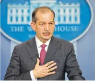  ?? THE ASSOCIATED PRESS ?? Labor Secretary Alexander Acosta speaks during the daily briefing at the White House in Washington Monday.