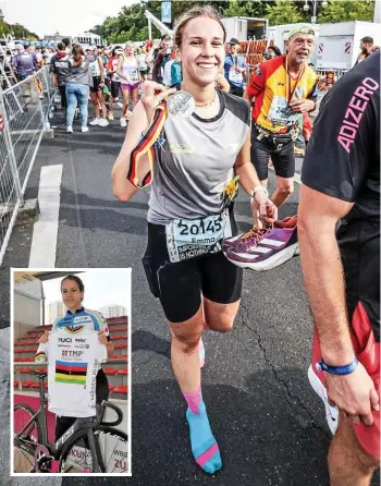  ?? EMMA GÖTZ, VOLKER BRIX ?? Die einstige Bahnrad-Sprinterin Emma Götz, hier beim Berlin-Marathon, hat die Liebe zum Laufen entdeckt. Das kleine Bild zeigt sie als Bahnradspo­rtlerin mit dem Trikot der Junioren-Weltmeiste­rin im Teamsprint des Jahres 2018.