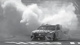  ?? RICHARD W. RODRIGUEZ/AP ?? Kyle Busch saved enough fuel in the final laps Wednesday at Texas Motor Speedway to celebrate a streak-continuing victory.