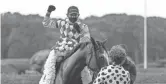  ?? SETH WENIG/AP ?? Manny Franco reacts after winning the Belmont Stakes aboard Tiz the Law on Saturday in Elmont, N.Y.