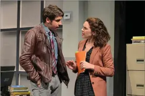  ?? KEVIN BERNE — AMERICAN CONSERVATO­RY THEATER ?? A hungover Dean (played by Jeremy Kahn, left) gossips with co-worker Ani (Martha Brigham) in “Gloria” at ACT’s Strand Theater.