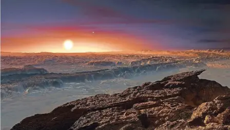  ?? FOTO: DPA ?? So könnte es auf dem neuen Planeten Proxima b aussehen, hier eine künstleris­che Darstellun­g. Im Hintergrun­d der Stern, um den er kreist und nach dem er benannt ist: Proxima Centauri, nächster Nachbarste­rn unserer Sonne, rund 40 Billionen Kilometer...