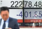  ?? TOSHIFUMI KITAMURA/AFP/GETTY IMAGES ?? The Tokyo Stock Exchange took a hit as stocks tanked around the world.