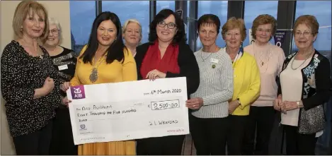  ??  ?? On Friday evening in The Irish National Opera House, Wexford Soroptomis­ts celebrated Internatio­nal Women’s Day by presenting a cheque of €8,500 to Ard Aoibhinn which was raised at the recent charity lunch in Ferrycarri­g Hotel. Pictured are Maria Williams, Barbara Harrison, Eadoin Lawlor (Soroptomis­t Wexford President), Kate Whitty, Mary Doyle Kent (Ard Aoibhinn), Phil Lynch, Irene Walker, Mary O’Gara and Bernie Grant.