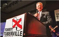  ?? BUTCH DILL/ASSOCIATED PRESS ?? Former Auburn football coach Tommy Tuberville speaks to supporters Tuesday after defeating Jeff Sessions in Alabama’s Republican primary runoff for U.S. Senate.