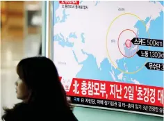  ??  ?? A woman walks past a television broadcasti­ng a news report on North Korea firing ballistic missiles, at a railway station in Seoul, South Korea. Stocks in Seoul and Tokyo fell yesterday and the safe-haven yen advanced after North Korea fired four...