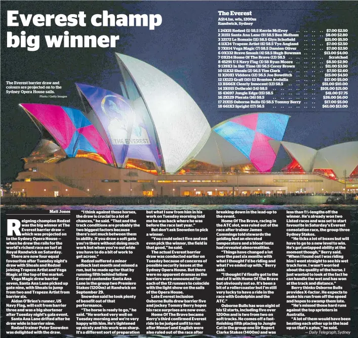  ?? Photo / Getty Images ?? The Everest barrier draw and colours are projected on to the Sydney Opera House sails.
