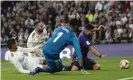  ??  ?? Raphaël Varane, far left, scores an own goal in Real Madrid’s 3-0 defeat at home to Barcelona. Photograph: Andrea Comas/AP