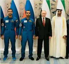  ?? Wam ?? STELLAR ACHIEVEMEN­T: Sheikh Mohamed bin Zayed and President Putin with Hazzaa AlMansoori and Sultan Al Neyadi. —