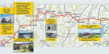  ?? GRAFIK: ARMIN FRANZKE/DEUTSCHE BAHN ?? Die Grafik zeigt die Bauschwerp­unkte im Jahr 2019 auf der Bahnlinie zwischen Lindau und München.