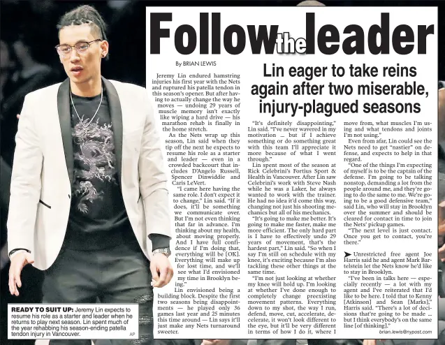  ??  ?? READY TO SUIT UP: Jeremy Lin expects to resume his role as a starter and leader when he returns to play next season. Lin spent much of the year rehabbing his season-ending patella tendon injury in Vancouver.