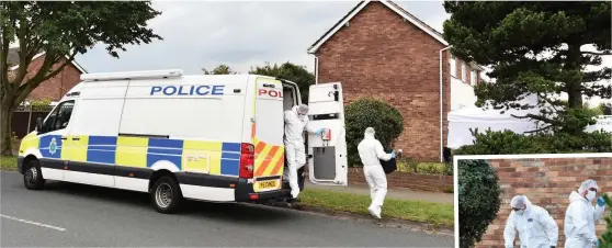  ??  ?? ● Police forensics teams at work outside the house after a body was found in the garden