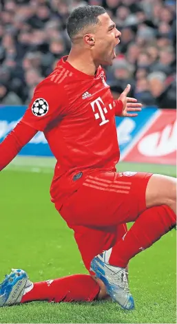  ?? Picture: PA. ?? Serge Gnarby celebrates scoring Bayern’s second goal at Stamford Bridge.