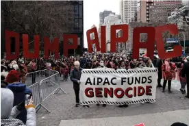  ?? John Lamparski/NurPhoto/REX/Shuttersto­ck ?? Marchers demonstrat­e against Aipac on 22 February 2024 in New York City. Photograph: