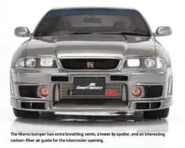  ??  ?? The Nismo bumper has extra breathing vents, a lower lip spoiler, and an interestin­g carbon-fiber air guide for the intercoole­r opening.