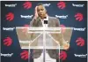  ?? Canadian Press photo ?? Toronto Raptors President Masai Ujiri speaks about acquiring Kawhi Leonard in a trade at a media availabili­ty in Toronto, Friday.