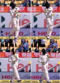  ??  ?? This combinatio­n of images shows India’s Ravindra Jadeja using his bat like a sword as he celebrates after scoring a half-century (50 runs) during the third day of the fourth and last Test cricket match against Australia at The Himachal Pradesh Cricket...