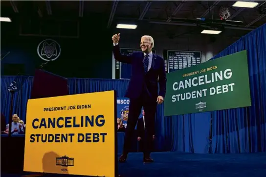  ?? ANDREW CABALLERO-REYNOLDS/AFP VIA GETTY IMAGES ?? On Monday, President Biden announced the new student debt relief, a swing-state pitch, in Madison, Wis.