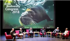  ??  ?? Discussion­s lors d’une session plénière du Congrès sur la biodiversi­té de l’Arctique tenu en octobre 2018, à Rovaniemi en Finlande.
