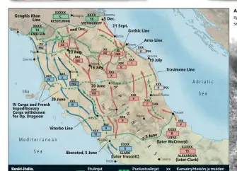  ??  ?? Keski-italia, 5. kesäkuuta–5. joulukuuta 1944 Etulinjat päiväyksin­een Kansainyht­eisön ja muiden liittoutun­eiden divisiooni­a Puolustusl­injat