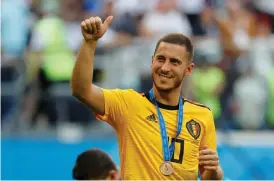  ?? Bild: TORU HANAI ?? VM-MEDALJÖR. Belgiens bäste spelare Eden Hazard ser oförskämt nöjd ut efter segern mot England och med bronsmedal­jen runt halsen.