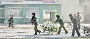 ??  ?? File photo shows people pushing a cart carrying cabbage in Hamhung on North Korea’s northeast coast. — AFP photo