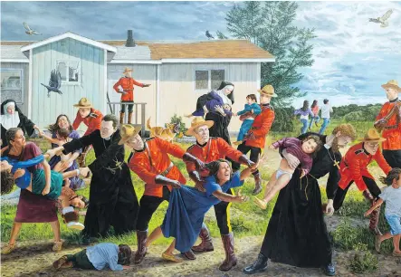  ??  ?? Kent Monkman’s The Scream will be part of Shame and Prejudice: A Story of Resilience on display at the Glenbow Museum from June 17 to Sept 10. A sticker affixed to the door of the Southern Alberta Art Gallery featuring the words ‘Colonialis­m 150’ has...