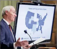  ??  ?? Gov. Asa Hutchinson, referring Thursday to a map showing Arkansas as one of only a handful of states yet to impose a stay-athome order, said it “gives the impression that we’re really not doing as much as we should be in Arkansas, when you can see from the targeted response that we’re doing a great deal.” (Arkansas Democrat-Gazette/John Sykes Jr.)